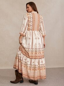 Freevana 女款大尺碼V領3/4袖寬鬆印花綁腰長洋裝，優雅休閒日常穿著，度假洋裝，秋冬女裝 - 卡其色 - 查看 2