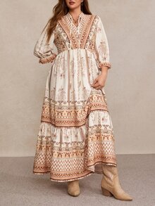 Freevana 女款大尺碼V領3/4袖寬鬆印花綁腰長洋裝，優雅休閒日常穿著，度假洋裝，秋冬女裝 - 卡其色 - 查看 3