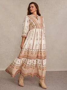 Freevana 女款大尺碼V領3/4袖寬鬆印花綁腰長洋裝，優雅休閒日常穿著，度假洋裝，秋冬女裝 - 卡其色 - 查看 4