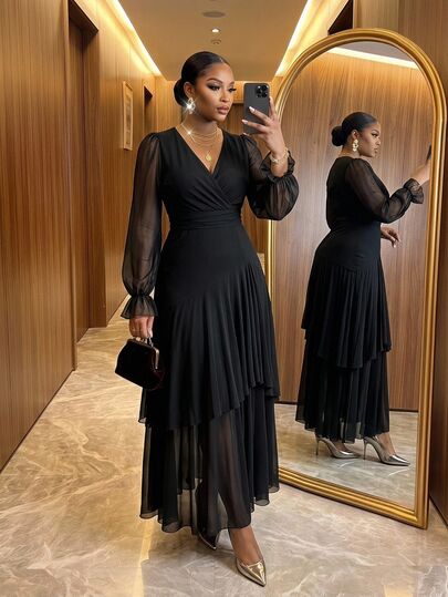 SHEIN Lady Plus Size Women Solid Color Overlap V-Neck Dress Elegant Casual Black Autumn Sheer Slit Hem Rouche Bohemian Style Birthday Slay Diva Formal Fall