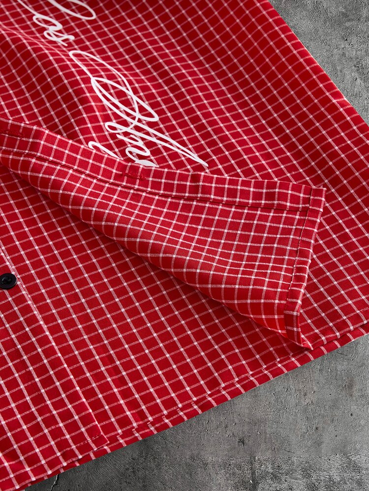 AXEPEAK Men's Letter Print Plaid Single-Breasted Casual Versatile Daily Commute Shirt - Red - View 4