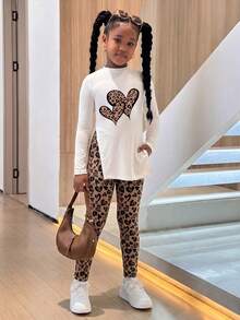 Tween Girls Loose Long Sleeve Side Slit Leggings 2 Pieces Set With Cartoon Pattern - Multicolor - View 3