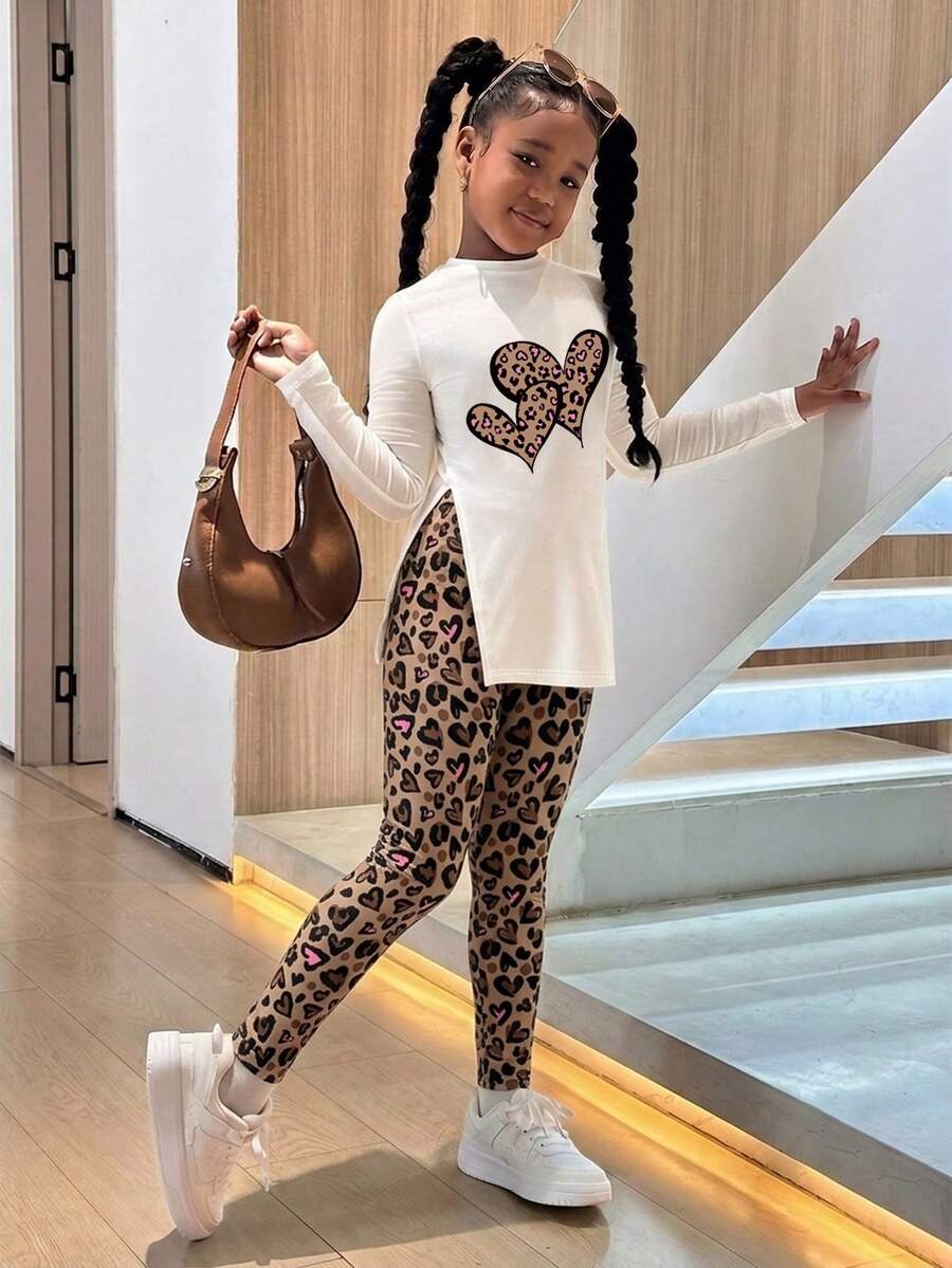 Tween Girls Loose Long Sleeve Side Slit Leggings 2 Pieces Set With Cartoon Pattern - Multicolor - View 1