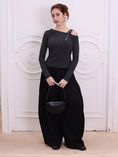 Ananda Vibes Women's Casual Striped Long Sleeve T-Shirt, Loose Fit, Unique Design, Spring/Autumn Off The Shoulder
