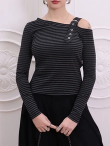 Ananda Vibes Women's Casual Striped Long Sleeve T-Shirt, Loose Fit, Unique Design, Spring/Autumn Off The Shoulder - Black and White - View 4