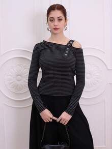 Ananda Vibes Women's Casual Striped Long Sleeve T-Shirt, Loose Fit, Unique Design, Spring/Autumn Off The Shoulder - Black and White - View 3