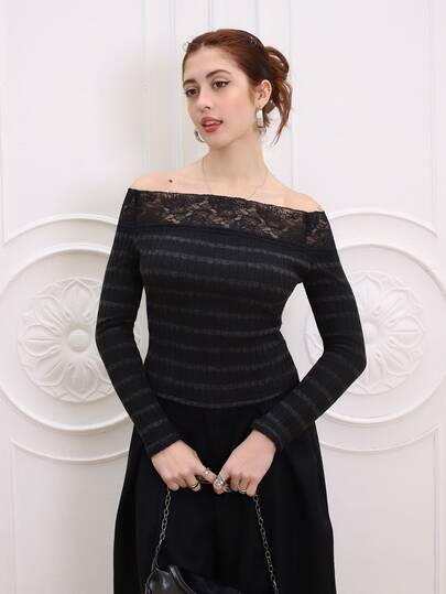 Ananda Vibes Women's Winter  Streetwear Party Casual Vintage Chic  Y2K Punk Rib Knit Striped Warm Lace Black Off The Shoulder Long Sleeve T-Shirt,Black Top