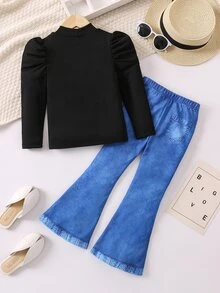 SHEIN Young Girls 2 Pieces Outfit Solid Mock Neck Puff Sleeve Top And Denim Effect Bow Knot Flare Pants Set Cute Casual Long Sleeve Spring Fall Tracksuit - Multicolor - View 2
