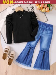 SHEIN Young Girls 2 Pieces Outfit Solid Mock Neck Puff Sleeve Top And Denim Effect Bow Knot Flare Pants Set Cute Casual Long Sleeve Spring Fall Tracksuit - Multicolor - View 1