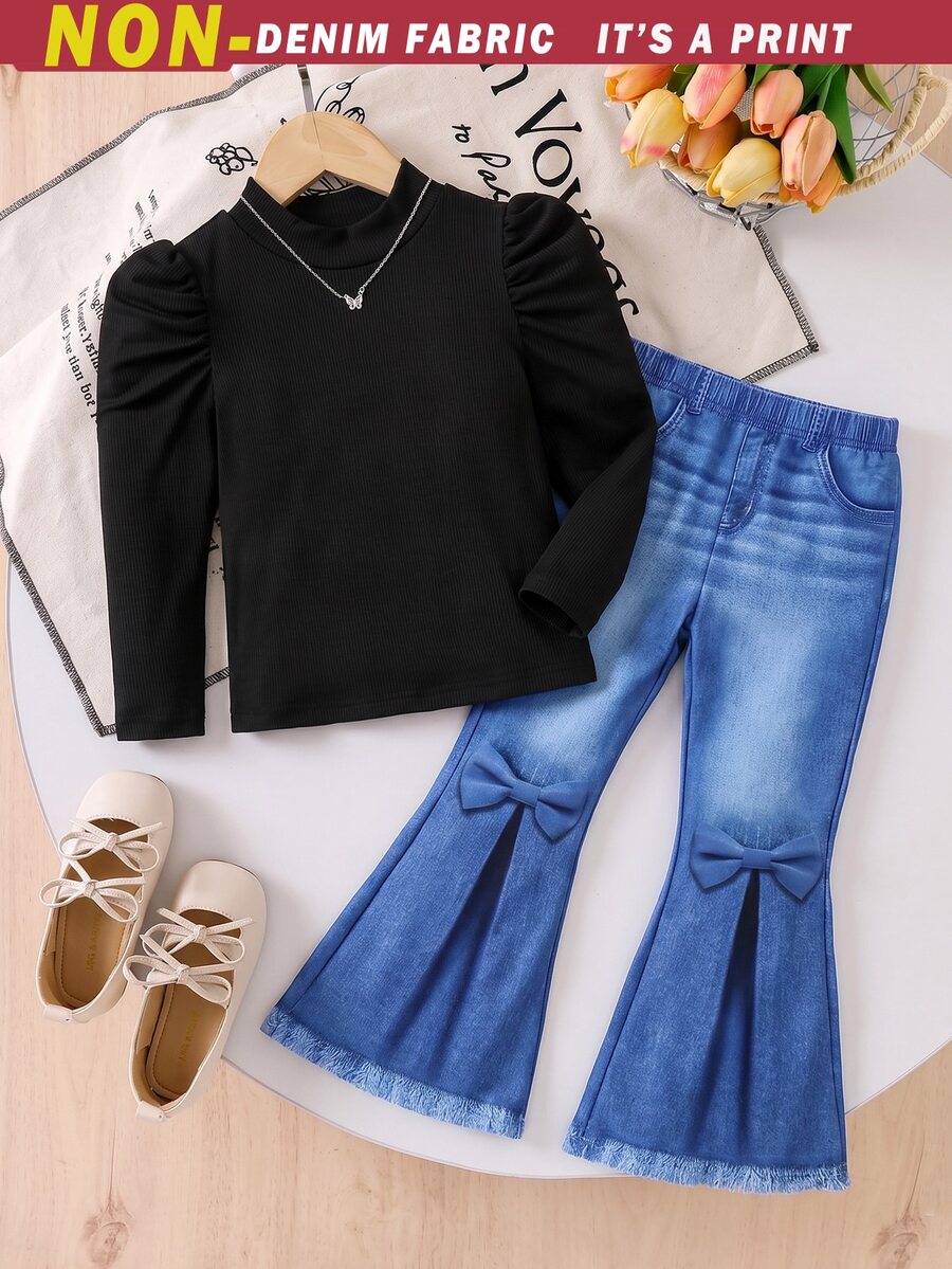 SHEIN Young Girls 2 Pieces Outfit Solid Mock Neck Puff Sleeve Top And Denim Effect Bow Knot Flare Pants Set Cute Casual Long Sleeve Spring Fall Tracksuit - Multicolor - View 1
