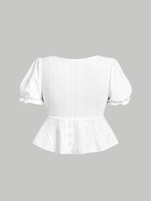 SHEIN MOD 心形领口、泡泡袖、收腰设计、荷叶边下摆、纹理面料白色T恤，波西米亚风，适合音乐会、毕业典礼、浪漫、夏季、热带风情、优雅、度假、飘逸、荷叶边等场合，女士上衣，音乐节 - 白色 - 查看 2