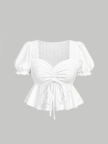 SHEIN MOD 心形领口、泡泡袖、收腰设计、荷叶边下摆、纹理面料白色T恤，波西米亚风，适合音乐会、毕业典礼、浪漫、夏季、热带风情、优雅、度假、飘逸、荷叶边等场合，女士上衣，音乐节 - 白色 - 查看 1