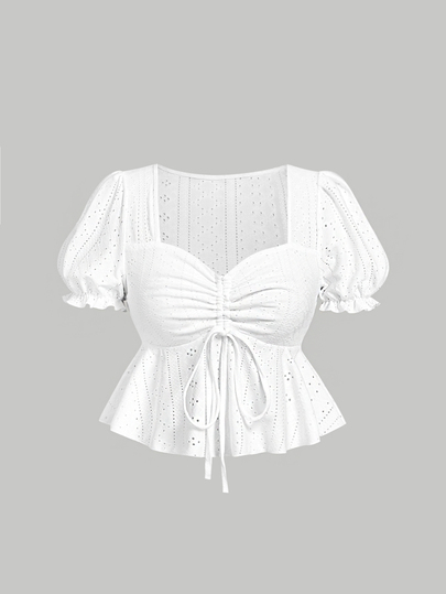 SHEIN MOD Atasan Wanita Putih Elegan untuk Liburan Musim Panas, Leher Bentuk Hati, Lengan Mengembang, Pinggang Terikat, Hem Bergelombang, Kain Bertekstur, Gaya Boho Tropis, dan Longgar