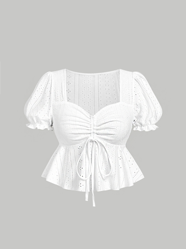 SHEIN MOD Atasan Wanita Putih Elegan untuk Liburan Musim Panas, Leher Bentuk Hati, Lengan Mengembang, Pinggang Terikat, Hem Bergelombang, Kain Bertekstur, Gaya Boho Tropis, dan Longgar