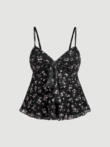 SHEIN MOD 浪漫波希米亞風可愛花卉蝴蝶結細肩帶背心上衣 度假風 黑粉配色 夏季萬聖節裝扮 返校季校園早午餐穿搭 - 彩色 - 查看 5