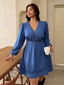 Lounesse Plus Size Fashion Lace Patchwork Elegant Casual Evening Brunch Birthday Dress Navy Blue Autumn Fall - Navy Blue - View 6