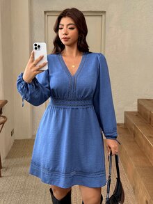 Lounesse Plus Size Fashion Lace Patchwork Elegant Casual Evening Brunch Birthday Dress Navy Blue Autumn Fall - Navy Blue - View 5