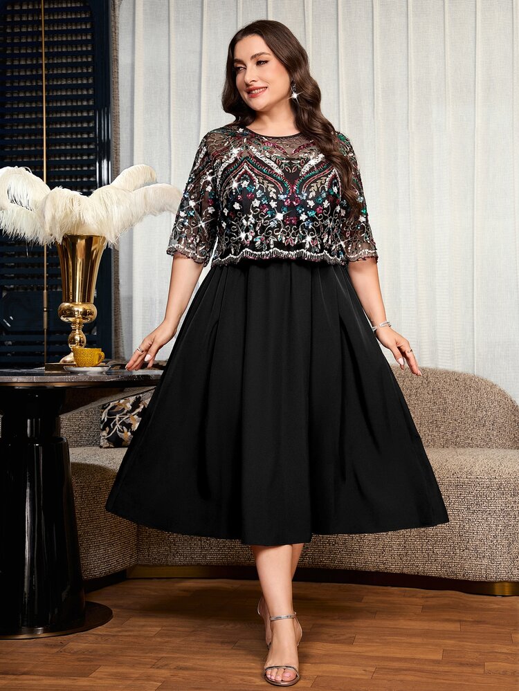 Reflora Plus Size Women Floral Sequin Mesh Short Sleeve Elegant Dress - Black - View 1