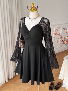 Comfortcana Plus Size Autumn/Winter Lace Patchwork Long Sleeve Dress - Black - View 4