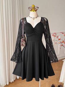 Comfortcana Plus Size Autumn/Winter Lace Patchwork Long Sleeve Dress - Black - View 1