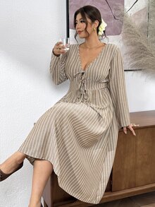 SHEIN Frenchy Plus Size Autumn Casual Striped Tie-Front Dress - Multicolor - View 2