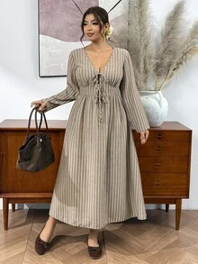 SHEIN Frenchy Plus Size Autumn Casual Striped Tie-Front Dress - Multicolor - View 3