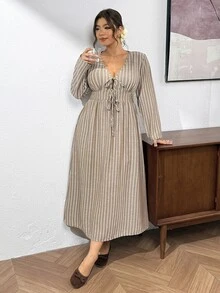 SHEIN Frenchy Plus Size Autumn Casual Striped Tie-Front Dress - Multicolor - View 4