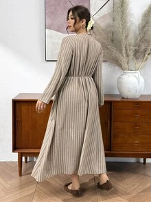 SHEIN Frenchy Plus Size Autumn Casual Striped Tie-Front Dress - Multicolor - View 7
