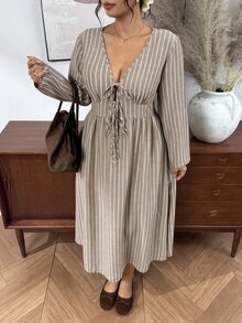 SHEIN Frenchy Plus Size Autumn Casual Striped Tie-Front Dress - Multicolor - View 5