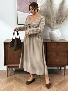 SHEIN Frenchy Plus Size Autumn Casual Striped Tie-Front Dress - Multicolor - View 6