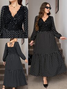 SHEIN LUNE Plus Size Women Polka Dot Pattern Contrast Lace Long Sleeve Elegant Dress Fall - Black and White - View 1