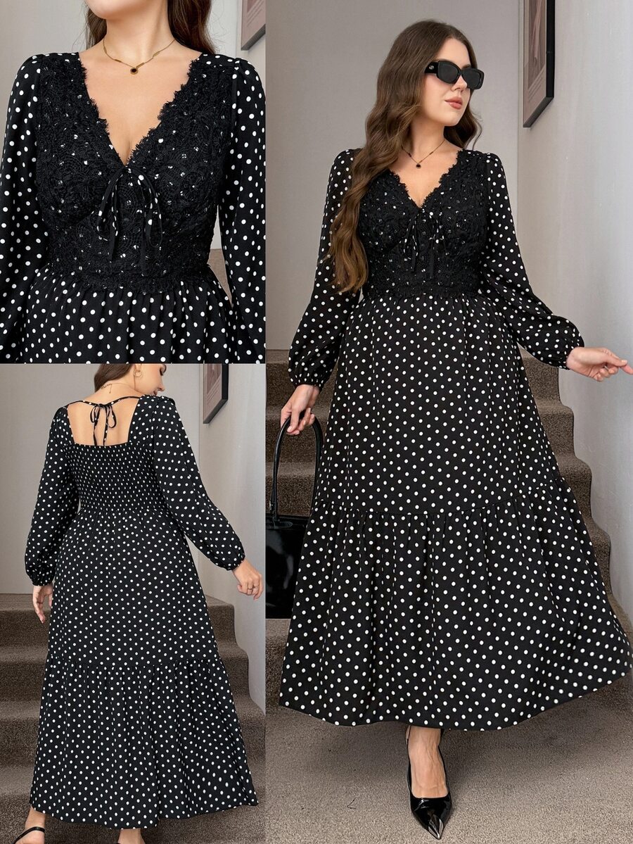 SHEIN LUNE Plus Size Women Polka Dot Pattern Contrast Lace Long Sleeve Elegant Dress Fall - Black and White - View 1