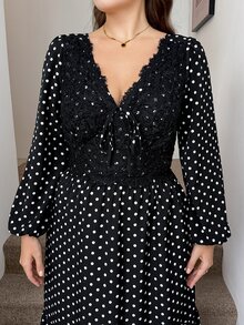 SHEIN LUNE Plus Size Women Polka Dot Pattern Contrast Lace Long Sleeve Elegant Dress Fall - Black and White - View 3