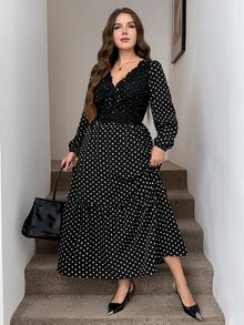 SHEIN LUNE Plus Size Women Polka Dot Pattern Contrast Lace Long Sleeve Elegant Dress Fall - Black and White - View 6