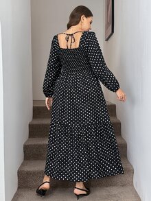 SHEIN LUNE Plus Size Women Polka Dot Pattern Contrast Lace Long Sleeve Elegant Dress Fall - Black and White - View 7