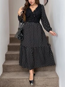 SHEIN LUNE Plus Size Women Polka Dot Pattern Contrast Lace Long Sleeve Elegant Dress Fall - Black and White - View 5