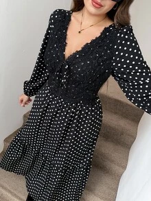 SHEIN LUNE Plus Size Women Polka Dot Pattern Contrast Lace Long Sleeve Elegant Dress Fall - Black and White - View 4