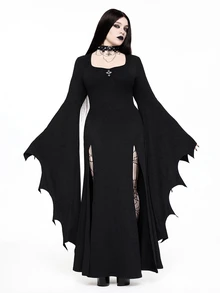 ROMWE Gothic Dark Ball Bat Alien Flare Sleeve Black Cinched Waist Square Neck High Slit Long Dress For Women - Black - View 1