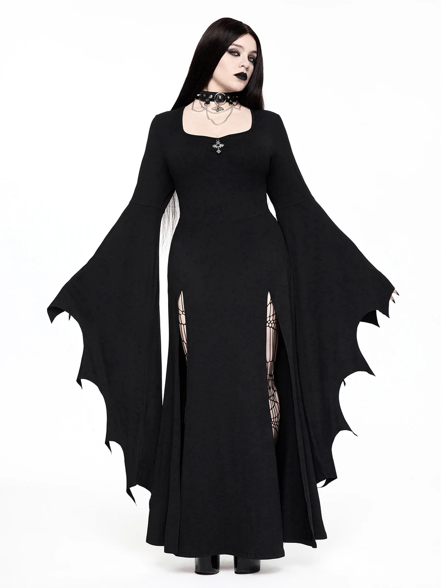 ROMWE Gothic Dark Ball Bat Alien Flare Sleeve Black Cinched Waist Square Neck High Slit Long Dress For Women - Black - View 1