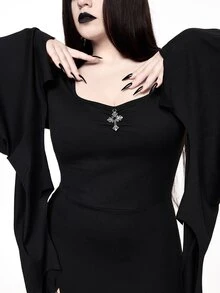 ROMWE Gothic Dark Ball Bat Alien Flare Sleeve Black Cinched Waist Square Neck High Slit Long Dress For Women - Black - View 2