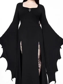 ROMWE Gothic Dark Ball Bat Alien Flare Sleeve Black Cinched Waist Square Neck High Slit Long Dress For Women - Black - View 5