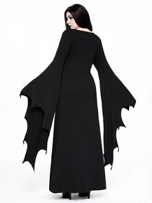 ROMWE Gothic Dark Ball Bat Alien Flare Sleeve Black Cinched Waist Square Neck High Slit Long Dress For Women - Black - View 3