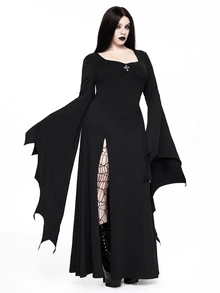 ROMWE Gothic Dark Ball Bat Alien Flare Sleeve Black Cinched Waist Square Neck High Slit Long Dress For Women - Black - View 4