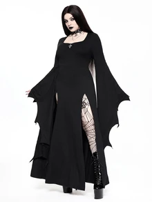 ROMWE Gothic Dark Ball Bat Alien Flare Sleeve Black Cinched Waist Square Neck High Slit Long Dress For Women - Black - View 6
