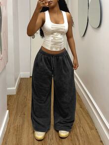 StreetHx Women's Loose Drawstring Sweatpants With Dark Grey,Afro Fashion Outfits Everyday Home Summer Casual - Dark Grey - View 5