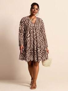 Elaquor Plus Size Women's Zebra Print V-Neck Long Sleeve Ruffle Hem Dress Winter - Multicolor - View 5