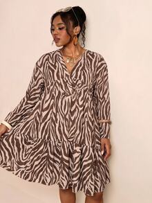 Elaquor Plus Size Women's Zebra Print V-Neck Long Sleeve Ruffle Hem Dress Winter - Multicolor - View 6