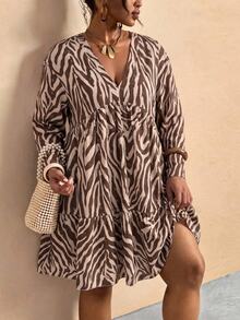 Elaquor Plus Size Women's Zebra Print V-Neck Long Sleeve Ruffle Hem Dress Winter - Multicolor - View 1