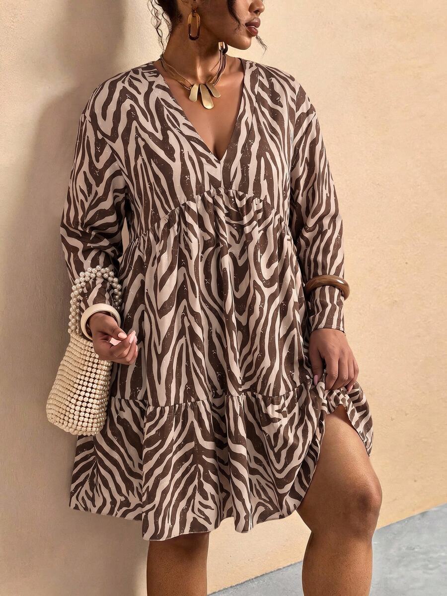 Elaquor Plus Size Women's Zebra Print V-Neck Long Sleeve Ruffle Hem Dress Winter - Multicolor - View 1