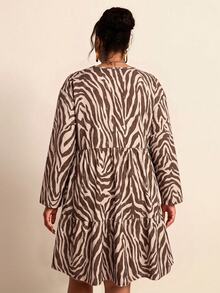 Elaquor Plus Size Women's Zebra Print V-Neck Long Sleeve Ruffle Hem Dress Winter - Multicolor - View 2